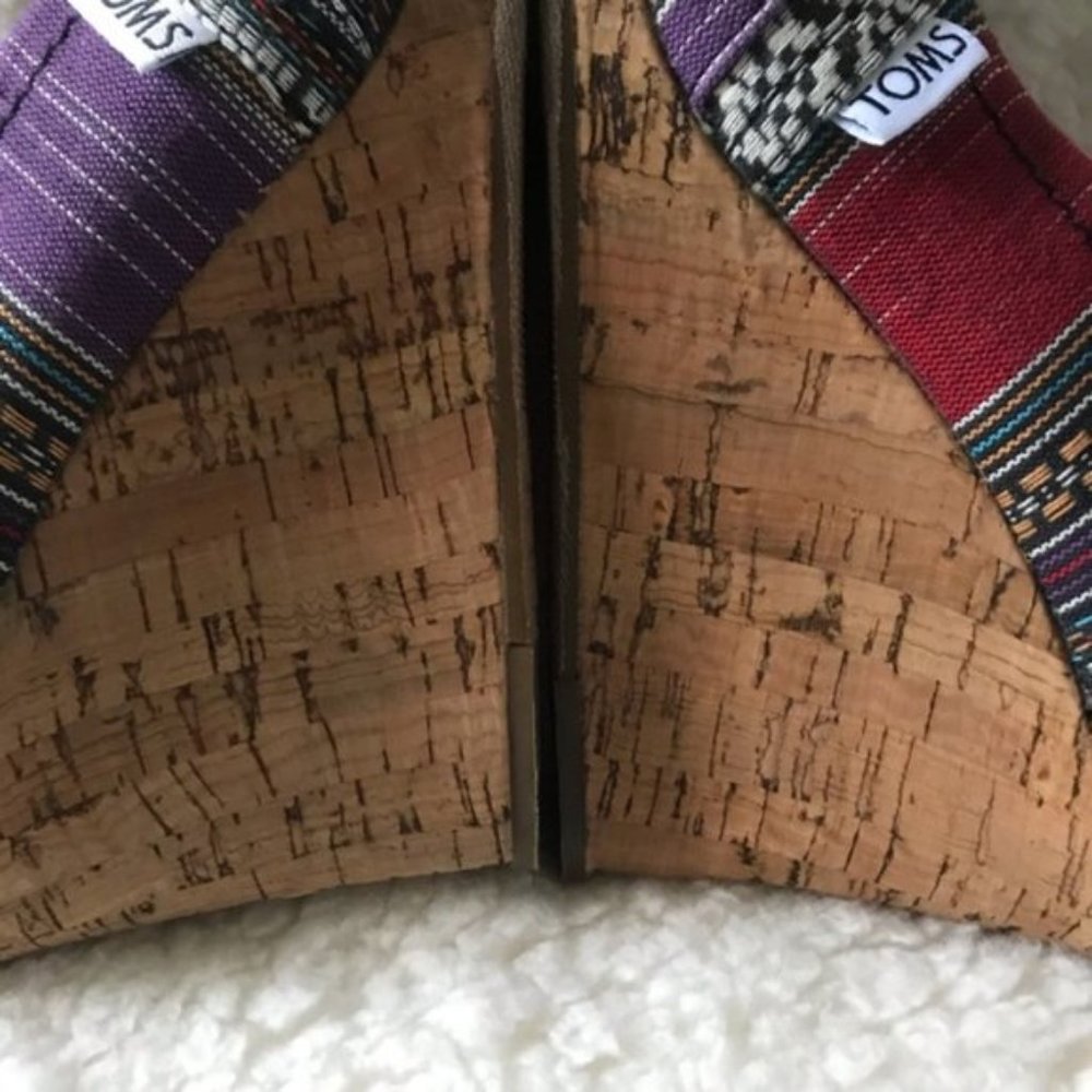 TOMS Open Toe Cork Wedges Canvas Navajo Stripe - Picture 5 of 15
